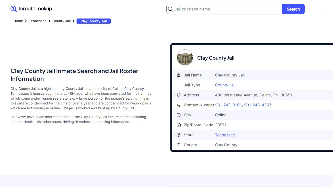 Clay County Jail Inmate Search - Celina Tennessee - Inmate Lookup